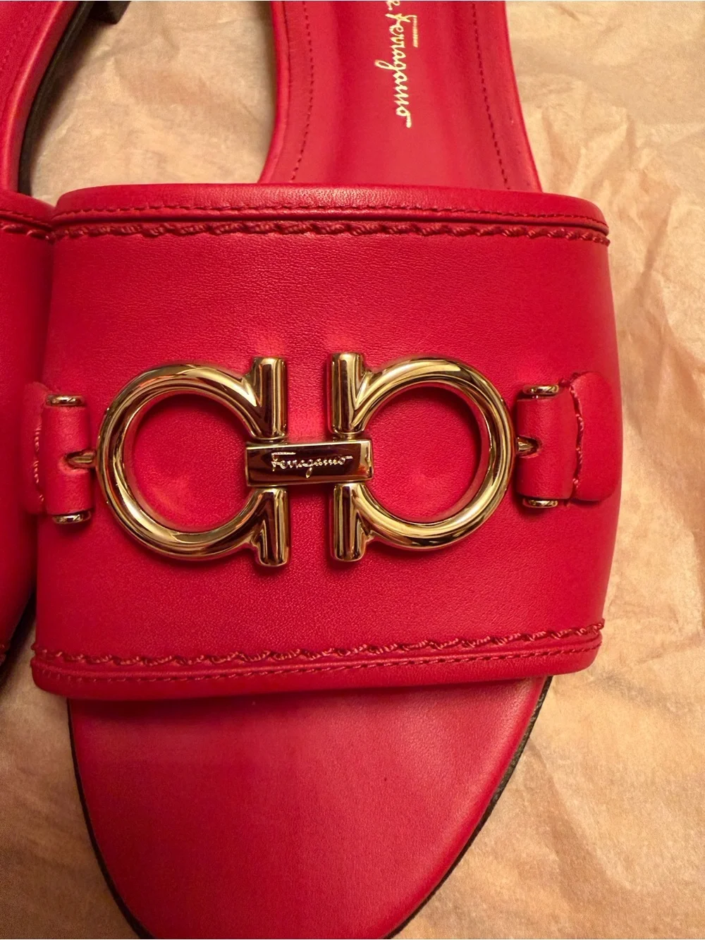 Salvatore Ferragamo Red Gancini Slides - Picture 3 of 5